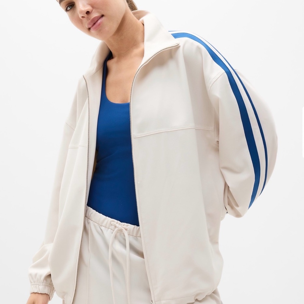 Women’s Cream Track Jacket with Blue Stripe and pants Athleta